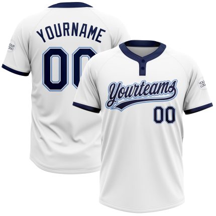 Custom Two-Button Unisex Softball Jersey in White Navy Powder Blue Custom White Navy-Powder Blue Two-Button Unisex Softball