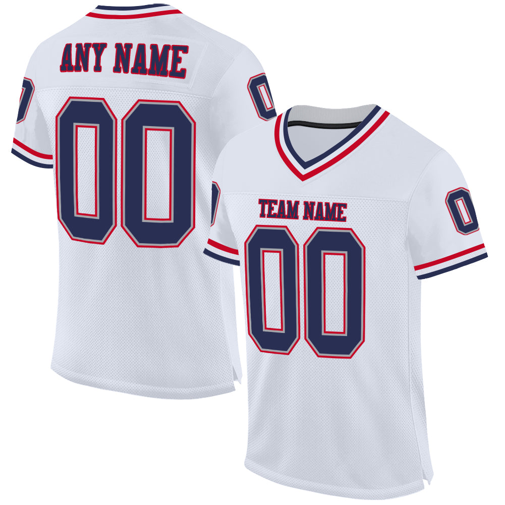 Custom Navy Red Mesh Throwback Football Jersey - Authentic Style 7004 Custom White Navy-Red Mesh Authentic Throwback Football