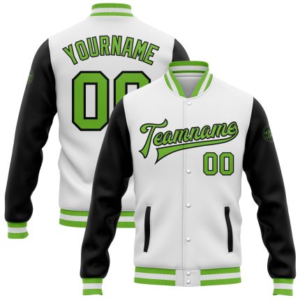 Custom Bomber Jacket Two Tone Neon Green-Black Varsity Letterman Full-Snap Custom White Neon Green-Black Bomber Full-Snap