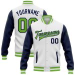 Custom Bomber Jacket White Neon Green-Navy Varsity Letterman Full-Snap Two Tone Custom White Neon Green-Navy Bomber Full-Snap