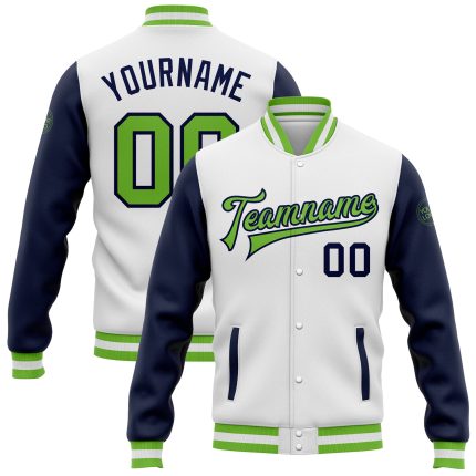 Custom Bomber Jacket White Neon Green-Navy Varsity Letterman Full-Snap Two Tone Custom White Neon Green-Navy Bomber Full-Snap