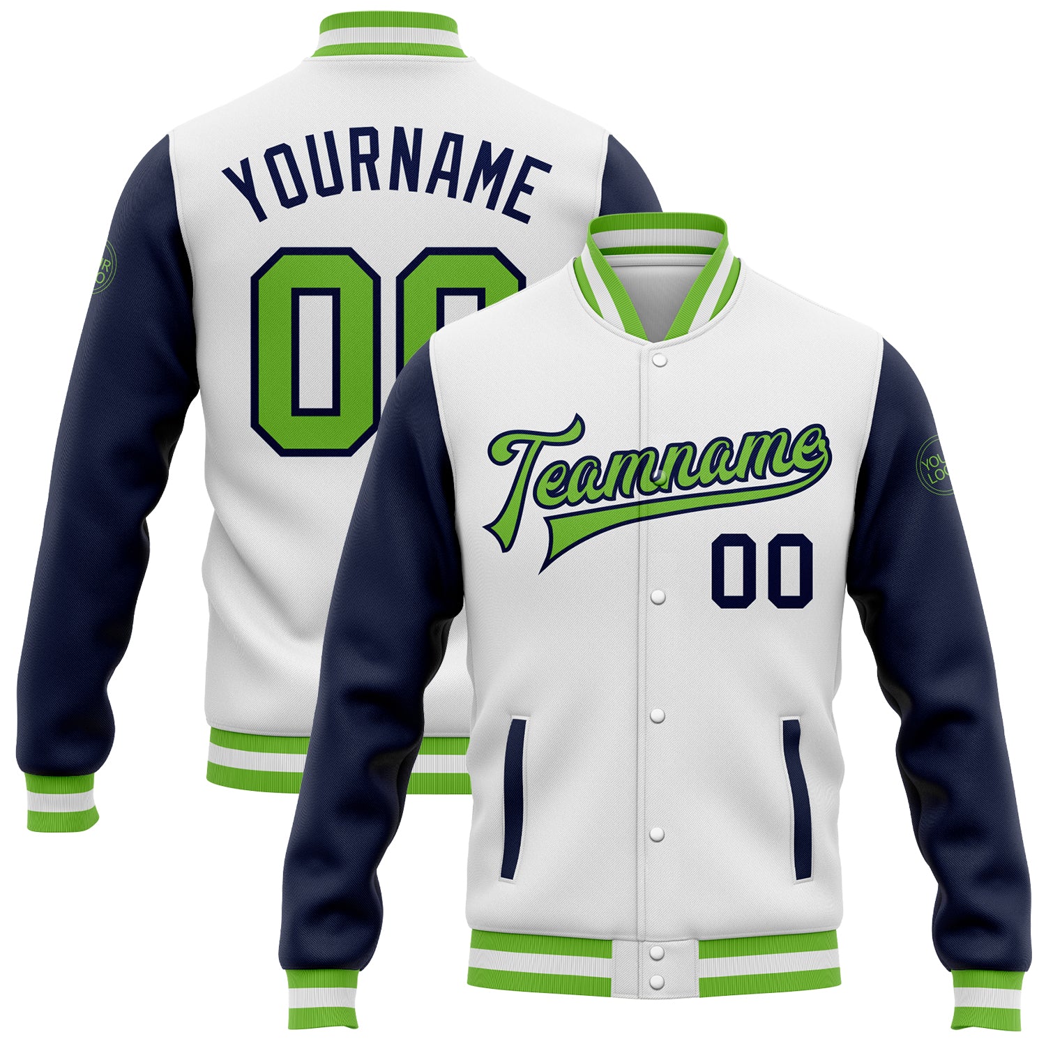 Custom Bomber Jacket White Neon Green-Navy Varsity Letterman Full-Snap Two Tone Custom White Neon Green-Navy Bomber Full-Snap