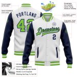 Custom Bomber Jacket White Neon Green-Navy Varsity Letterman Full-Snap Two Tone Custom White Neon Green-Navy Bomber Full-Snap