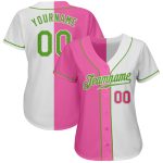 Custom Neon Pink-Green Split Fashion Baseball Jersey - Authentic White Jersey Custom White Neon Green-Pink Authentic Split
