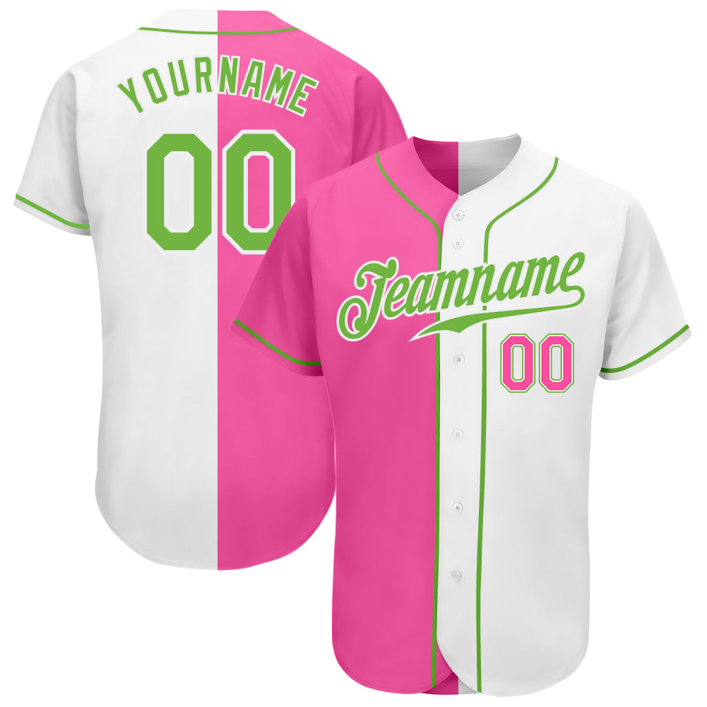 Custom Neon Pink-Green Split Fashion Baseball Jersey - Authentic White Jersey Custom White Neon Green-Pink Authentic Split