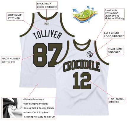 Authentic Throwback Basketball Jersey in Custom White and Olive-Black Color Custom White Olive-Black Authentic Throwback