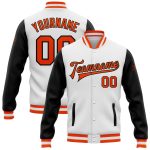 Custom Varsity Letterman Bomber Jacket Two Tone White Orange Black Full-Snap Custom White Orange-Black Bomber Full-Snap Varsity