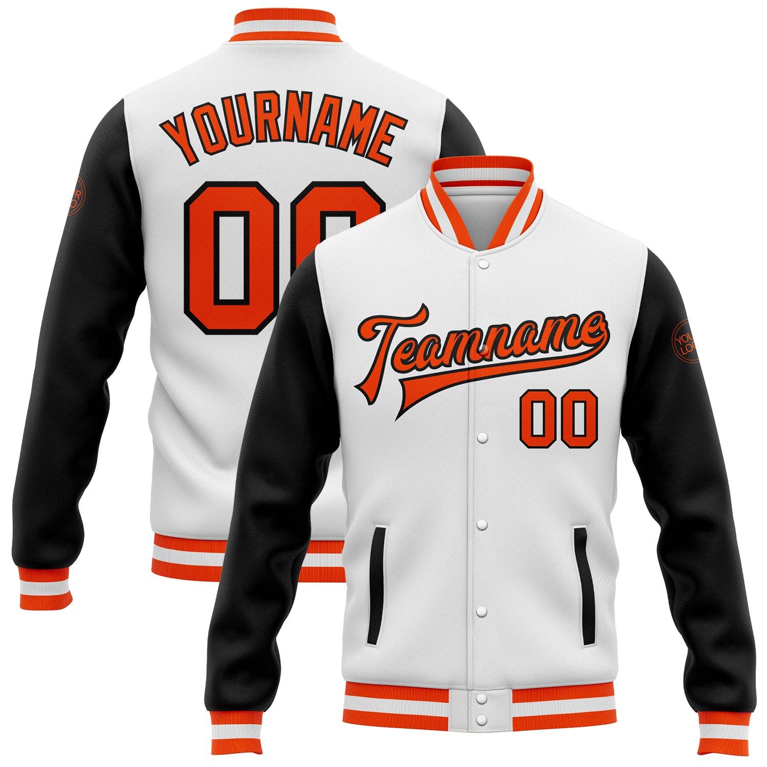 Custom Varsity Letterman Bomber Jacket Two Tone White Orange Black Full-Snap Custom White Orange-Black Bomber Full-Snap Varsity