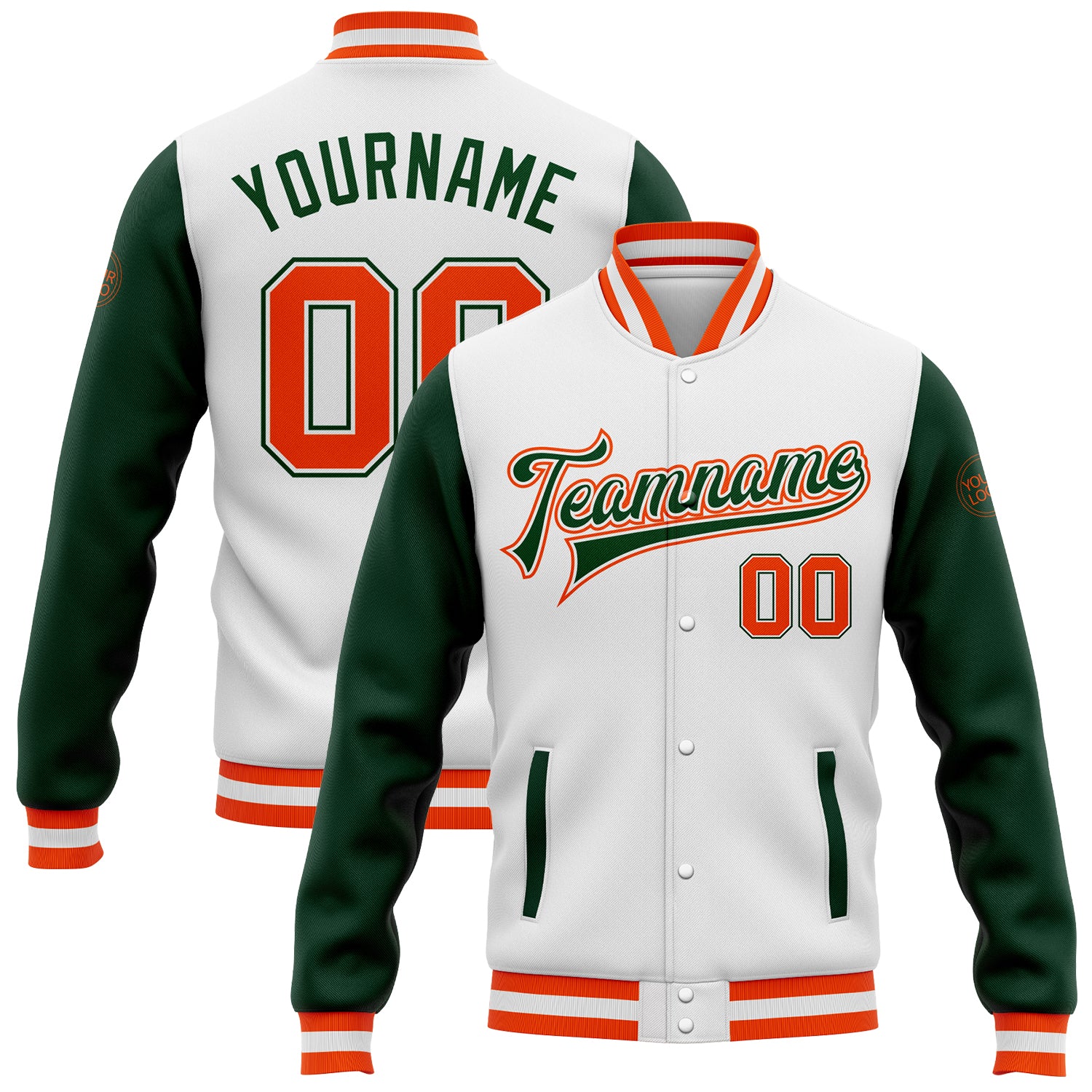 Custom White Orange-Green Bomber Full-Snap Varsity Letterman Two Tone Jacket Custom Two Tone Varsity Letterman Jacket - White Orange-Green Bomber Full-Snap Custom White Orange-Green Bomber Full-Snap