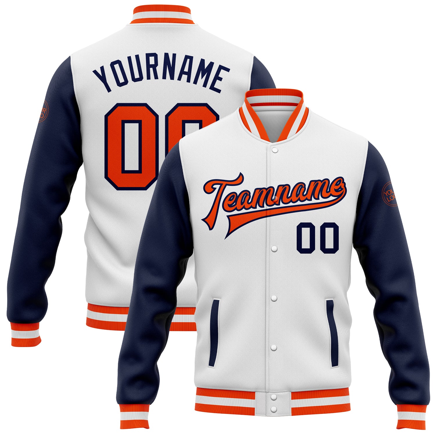 Custom Orange Navy Bomber Jacket Full-Snap Varsity Letterman Two Tone Custom White Orange-Navy Bomber Full-Snap Varsity Letterman