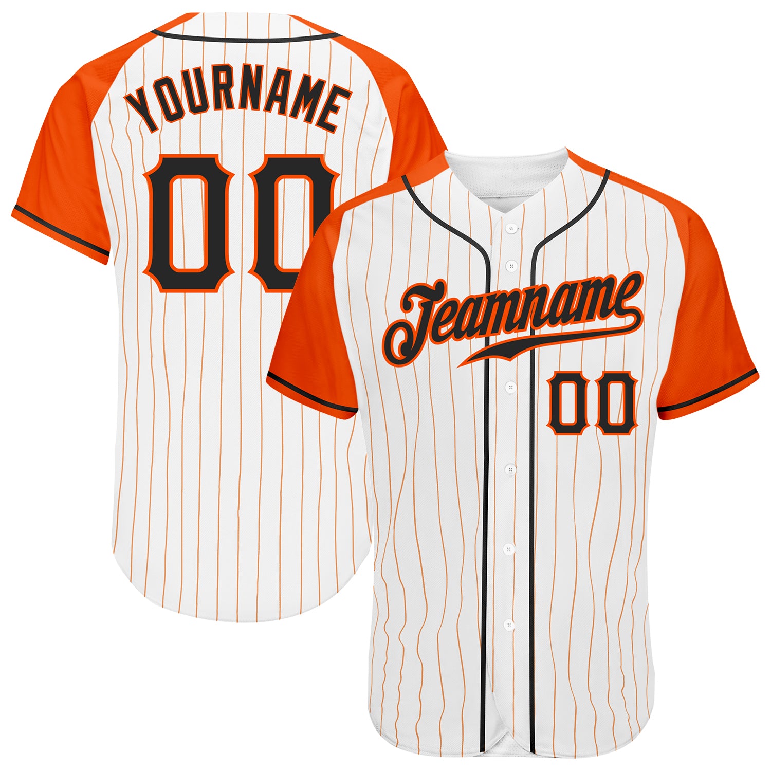 Custom Black Orange Pinstripe Baseball Jersey with Raglan Sleeves - Authentic Design Custom White Orange Pinstripe Black-Orange