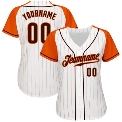 Custom Brown Orange Pinstripe Authentic Baseball Jersey with Raglan Sleeves Custom White Orange Pinstripe Brown-Orange Authentic