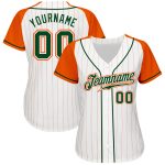 Custom Baseball Jersey Green Orange Pinstripe Raglan Sleeves Authentic White Orange Design Custom White Orange Pinstripe