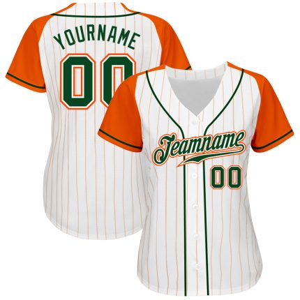 Custom Baseball Jersey Green Orange Pinstripe Raglan Sleeves Authentic White Orange Design Custom White Orange Pinstripe