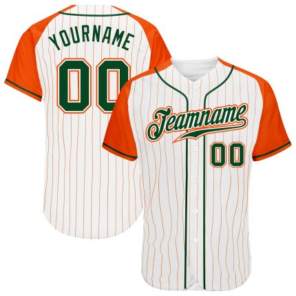 Custom Baseball Jersey Green Orange Pinstripe Raglan Sleeves Authentic White Orange Design Custom White Orange Pinstripe
