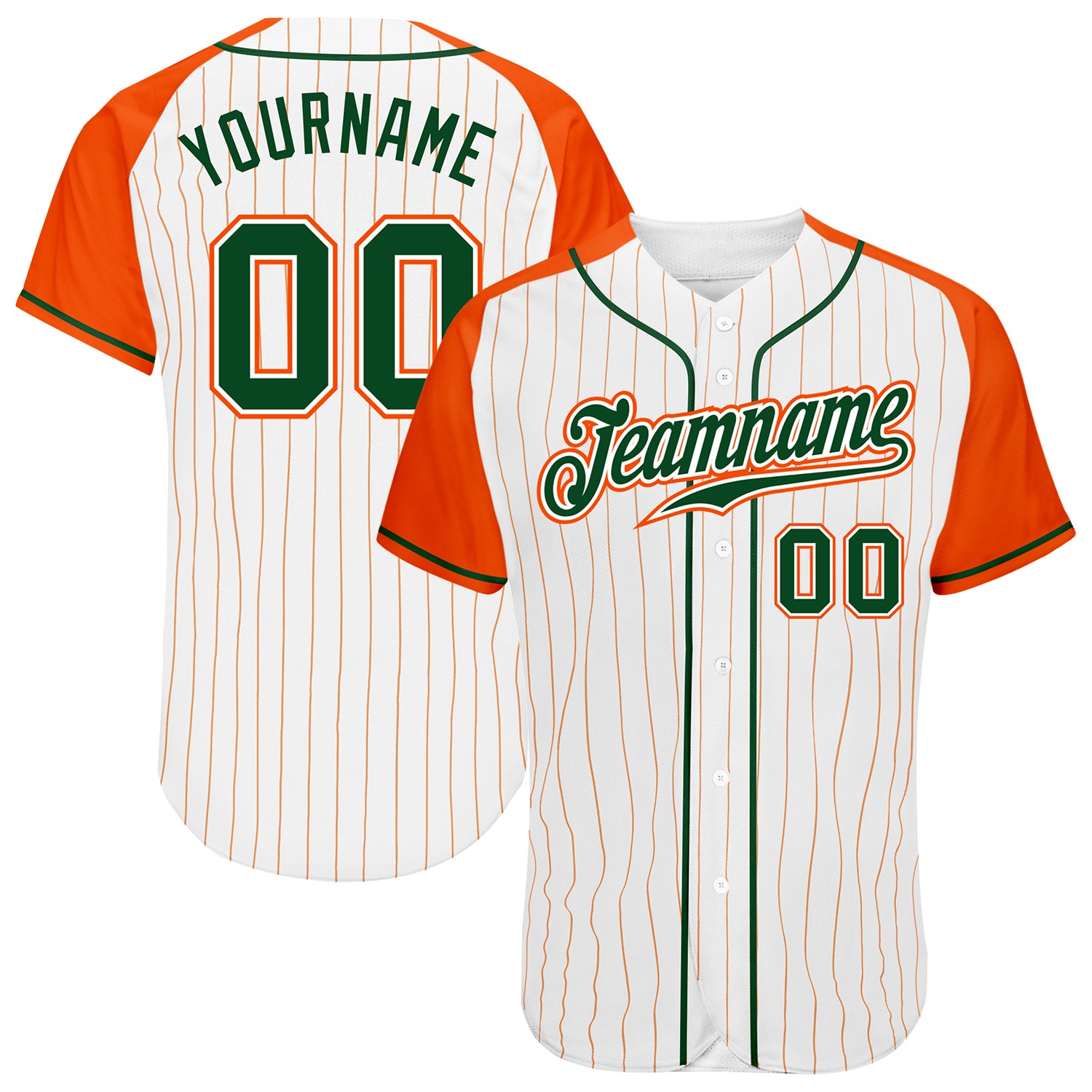 Custom White Orange Pinstripe Green-Orange Authentic Raglan Sleeves Baseball Jersey Custom Baseball Jersey Green Orange Pinstripe Raglan Sleeves Authentic White Orange Design Custom White Orange Pinstripe