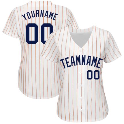 Custom Authentic Baseball Jersey White Orange Pinstripe Navy Design Custom White Orange Pinstripe Navy Authentic Baseball