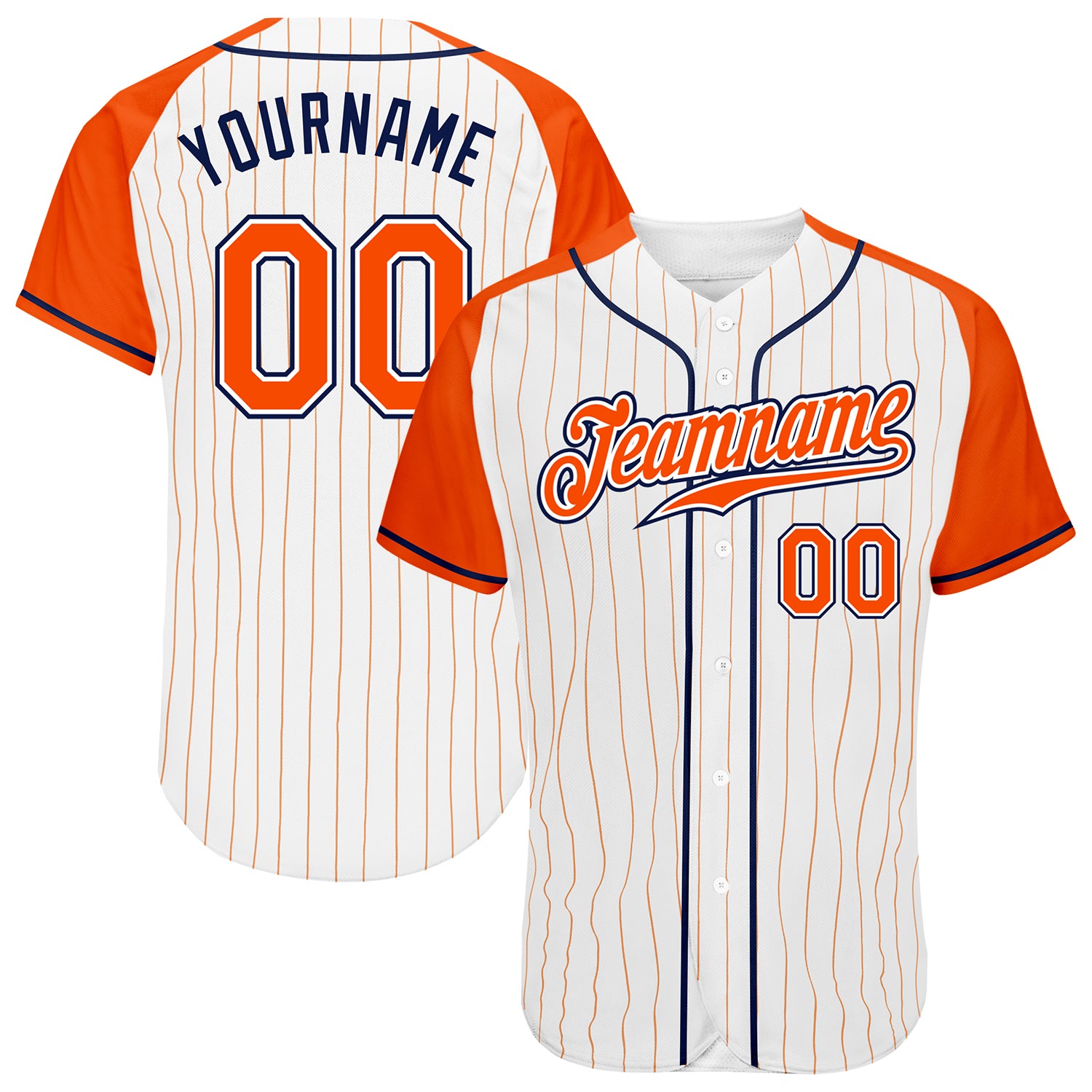 Custom White Orange Pinstripe Orange-Navy Authentic Raglan Sleeves Baseball Jersey Custom Orange Pinstripe Baseball Jersey with White-Navy Raglan Sleeves Custom White Orange Pinstripe Orange-Navy Authentic