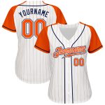Custom Orange Pinstripe Baseball Jersey with White-Navy Raglan Sleeves Custom White Orange Pinstripe Orange-Navy Authentic