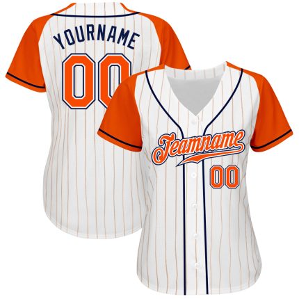 Custom Orange Pinstripe Baseball Jersey with White-Navy Raglan Sleeves Custom White Orange Pinstripe Orange-Navy Authentic