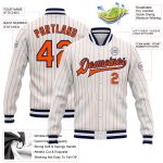 Custom Orange Navy Pinstripe Full-Snap Varsity Bomber Letterman Jacket Custom White Orange Pinstripe Orange-Navy Bomber Full-Snap