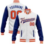 Custom Varsity Letterman Bomber Jacket Orange Royal Two-Tone Full-Snap White Custom White Orange-Royal Bomber Full-Snap Varsity