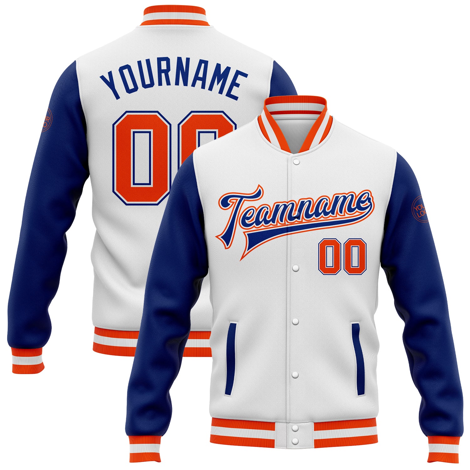 Custom Varsity Letterman Bomber Jacket Orange Royal Two-Tone Full-Snap White Custom White Orange-Royal Bomber Full-Snap Varsity