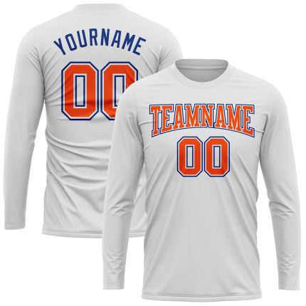 Custom Performance T-Shirt for Men, Long Sleeve in White with Orange-Royal Accents Custom White Orange-Royal Long Sleeve