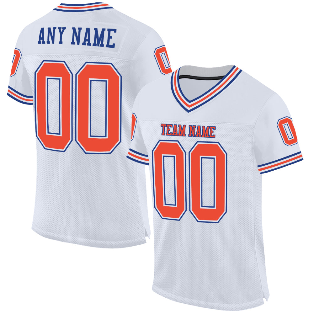 Custom Royal Orange White Mesh Authentic Throwback Football Jersey Custom White Orange-Royal Mesh Authentic Throwback Football