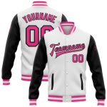 Custom Letterman Jacket Two Tone White Pink Black Full-Snap Varsity Bomber Custom White Pink-Black Bomber Full-Snap Varsity