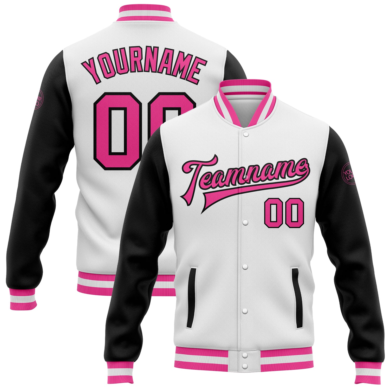 Custom Letterman Jacket Two Tone White Pink Black Full-Snap Varsity Bomber Custom White Pink-Black Bomber Full-Snap Varsity