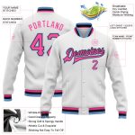Custom Varsity Letterman Jacket White Pink Black Light Blue Full-Snap Bomber Custom White Pink Black-Light Blue Bomber Full-Snap