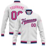 Custom Varsity Letterman Jacket White Pink Black Light Blue Full-Snap Bomber Custom White Pink Black-Light Blue Bomber Full-Snap