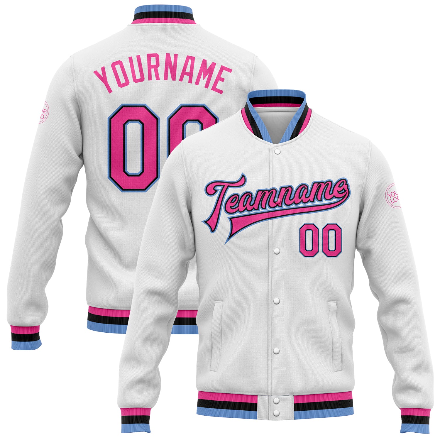 Custom Varsity Letterman Jacket White Pink Black Light Blue Full-Snap Bomber Custom White Pink Black-Light Blue Bomber Full-Snap