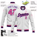 Custom Bomber Jacket in White Pink Black Purple - Full Snap Varsity Letterman Style Custom White Pink Black-Purple Bomber