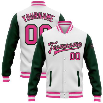 Custom Pink Green Bomber Jacket Full-Snap Varsity Letterman Two Tone Stylish Outerwear Custom White Pink-Green Bomber Full-Snap