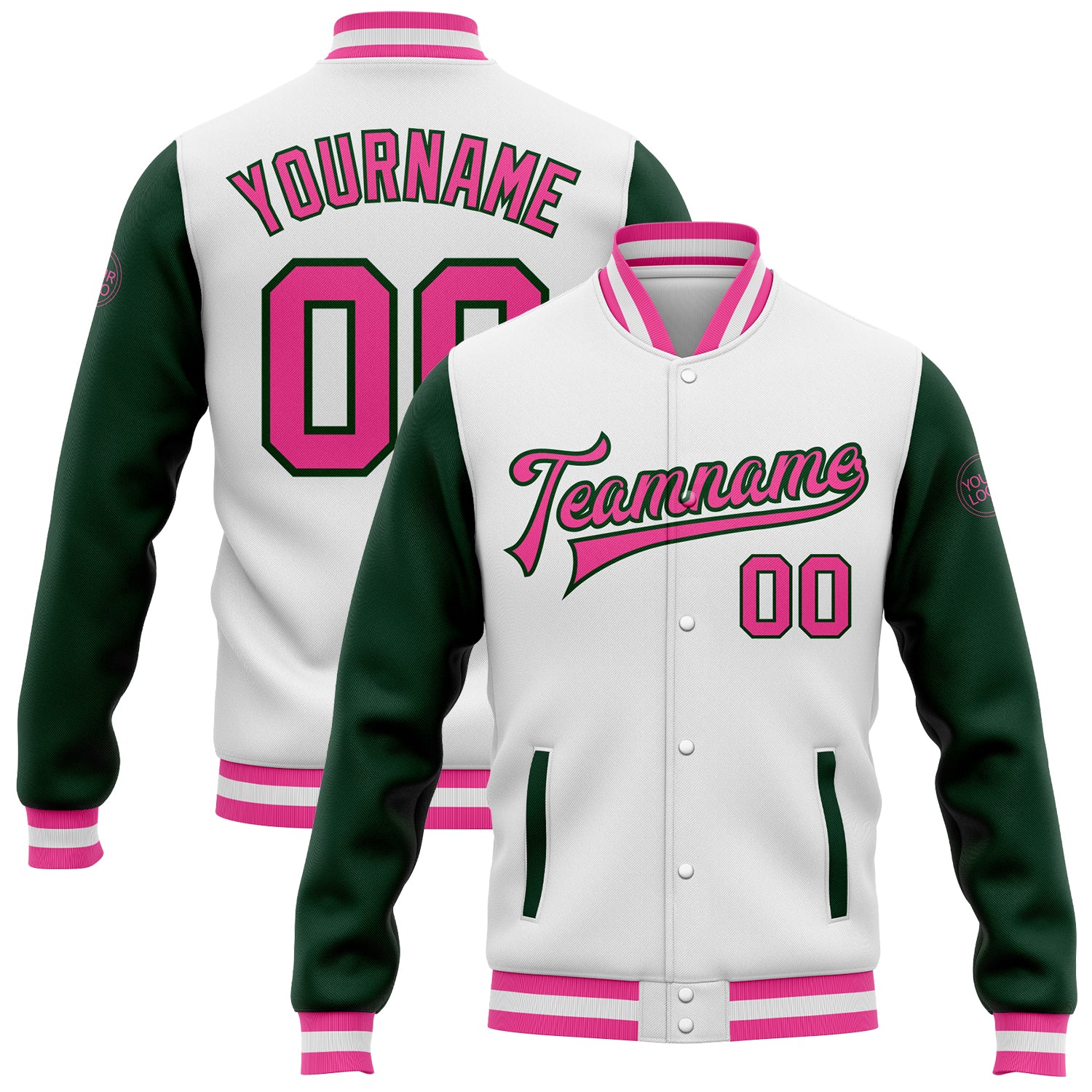 Custom White Pink-Green Bomber Full-Snap Varsity Letterman Two Tone Jacket Custom Pink Green Bomber Jacket Full-Snap Varsity Letterman Two Tone Stylish Outerwear Custom White Pink-Green Bomber Full-Snap