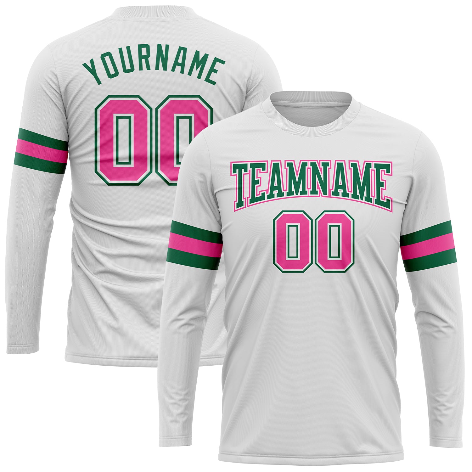 Custom Performance T-Shirt - White Pink Kelly Green Long Sleeve Top Custom White Pink-Kelly Green Long Sleeve Performance