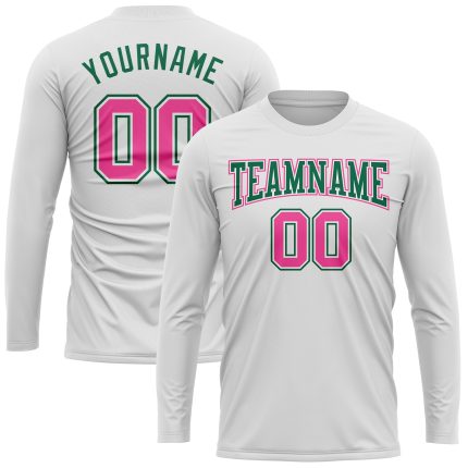 Custom Performance T-Shirt - White Pink Kelly Green Long Sleeve Top Custom White Pink-Kelly Green Long Sleeve Performance