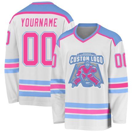 Custom Hockey Jersey - White Pink and Light Blue Design, Personalized Team Apparel Custom White Pink-Light Blue Hockey Jersey