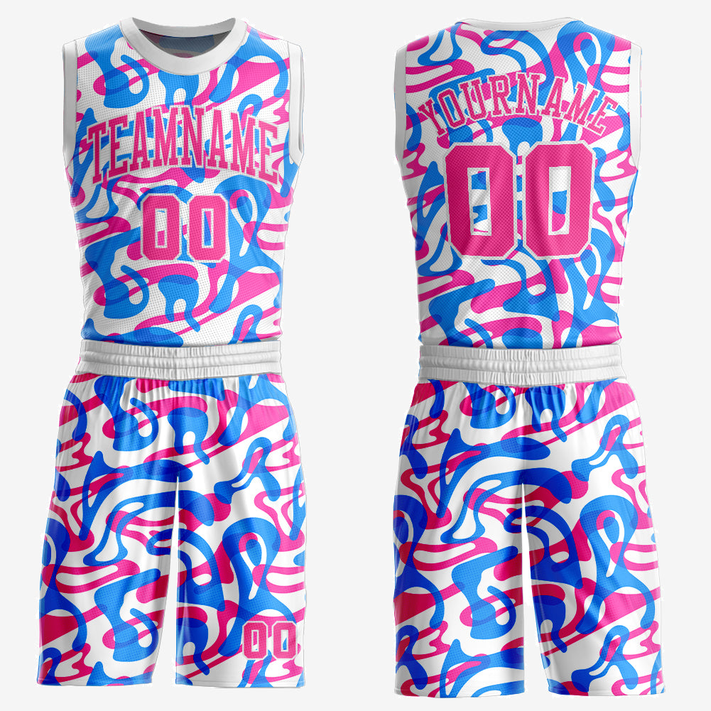 Custom Basketball Jersey for Music Festival, White Pink Light Blue Round Neck Sublimation Suit Custom White Pink-Light Blue