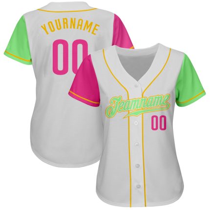 Authentic Two Tone Baseball Jersey - Custom White Pink Pea Green Gold Design Custom White Pink Pea Green-Gold Authentic Two