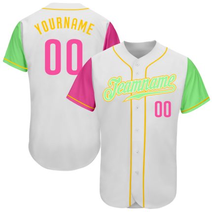 Authentic Two Tone Baseball Jersey - Custom White Pink Pea Green Gold Design Custom White Pink Pea Green-Gold Authentic Two