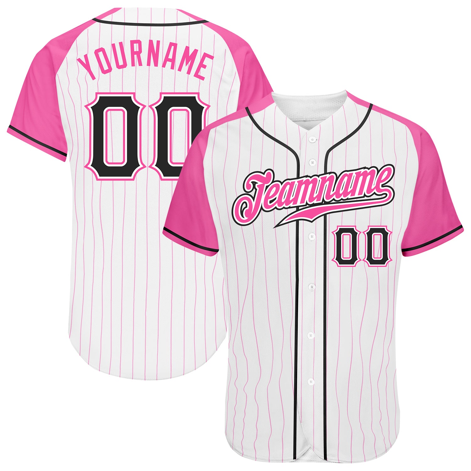 Custom Pink Black Pinstripe Baseball Jersey with Raglan Sleeves - Authentic Design Custom White Pink Pinstripe Black-Pink