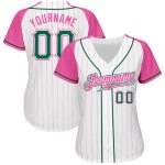 Custom Pink White Pinstripe Baseball Jersey with Kelly Green Raglan Sleeves - Authentic Design Custom White Pink Pinstripe
