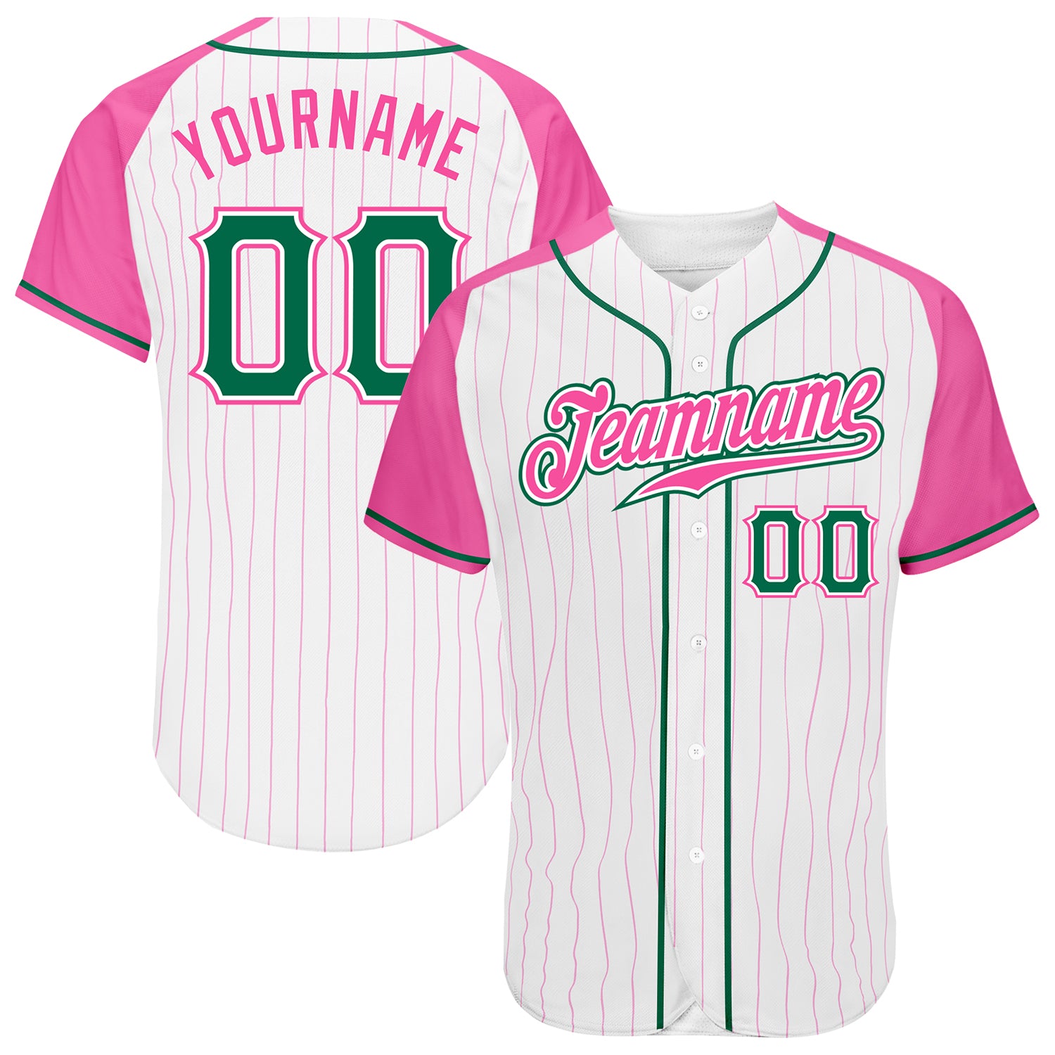 Custom Pink White Pinstripe Baseball Jersey with Kelly Green Raglan Sleeves - Authentic Design Custom White Pink Pinstripe