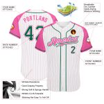 Custom Pink White Pinstripe Baseball Jersey with Kelly Green Raglan Sleeves - Authentic Design Custom White Pink Pinstripe