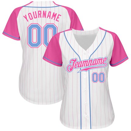 Custom Light Blue Pink Pinstripe Baseball Jersey with Authentic Raglan Sleeves Custom White Pink Pinstripe Light Blue-Pink