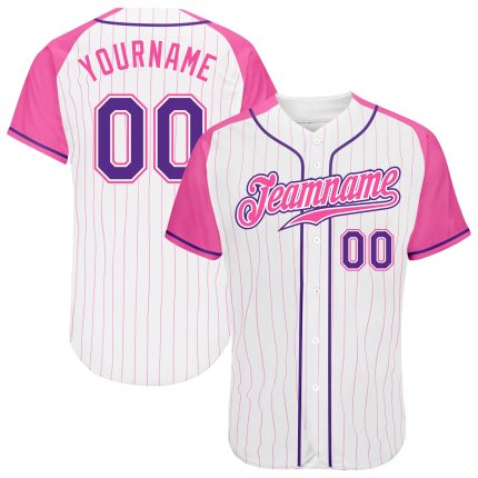 Custom Pink White Pinstripe Raglan Sleeves Baseball Jersey - Authentic, Purple-Pink Design Custom White Pink Pinstripe Purple-Pink