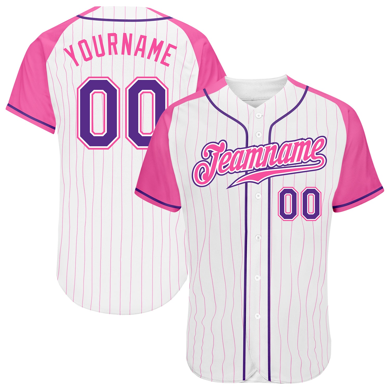 Custom Pink White Pinstripe Raglan Sleeves Baseball Jersey - Authentic, Purple-Pink Design Custom White Pink Pinstripe Purple-Pink